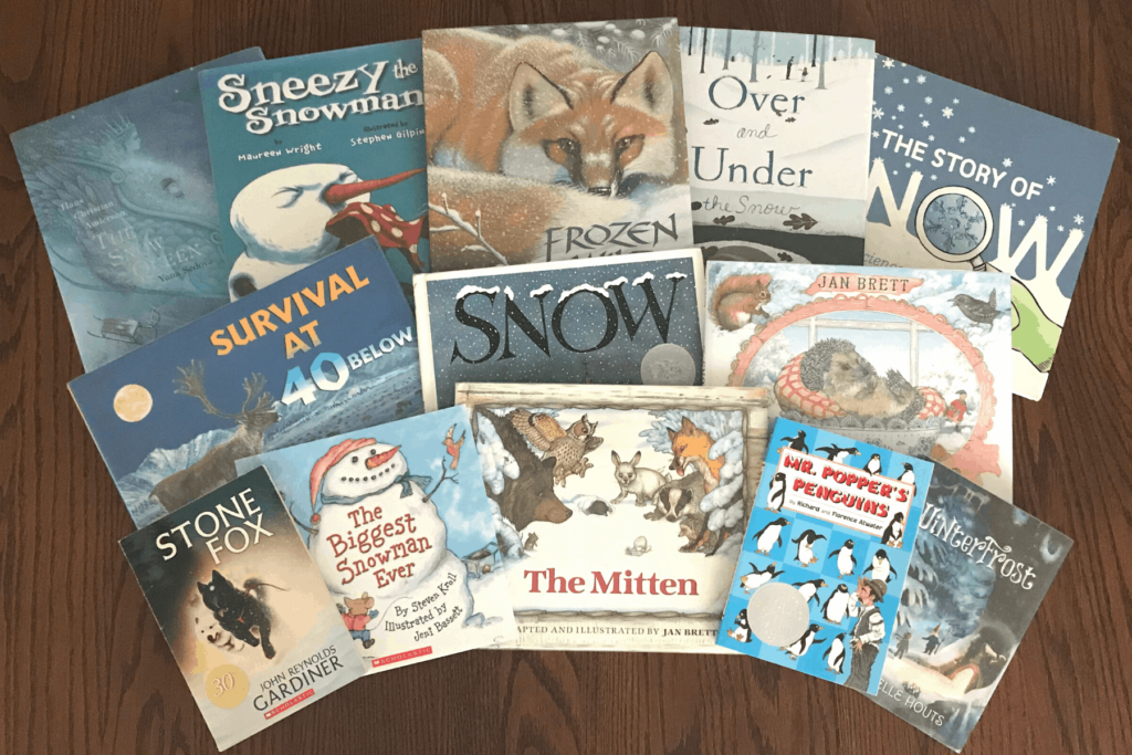 spread of winter books for kids