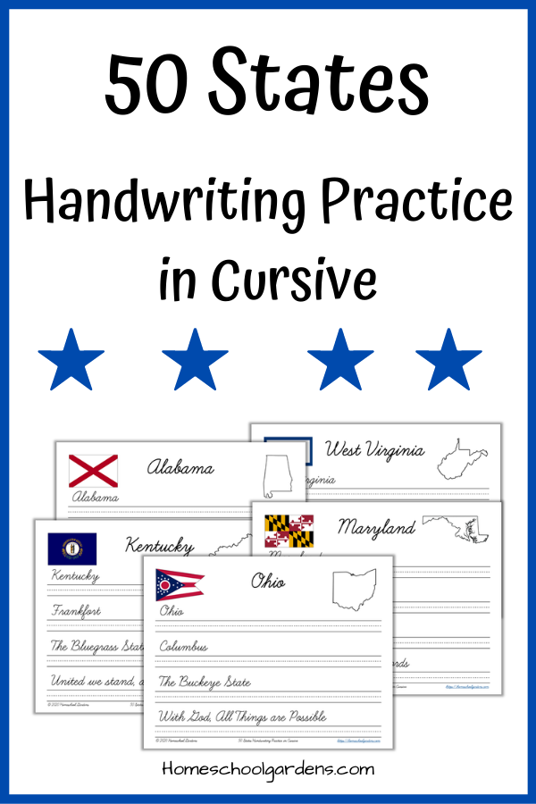 pinterest image for 50 States Cursive Handwriting Practice